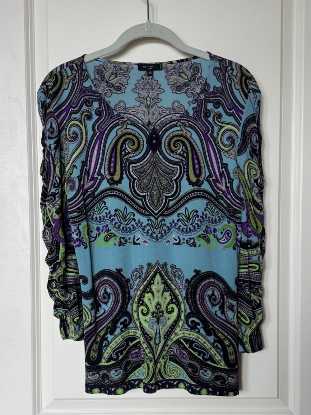 ETRO Milano Womens Multicolor Paisley Ruched Sleeve Top Sz 46 / US 10-12